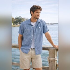 Free Assembly Chambray Button Down Shirt XXL 2X Linen Cotton Short Sleeve Casual